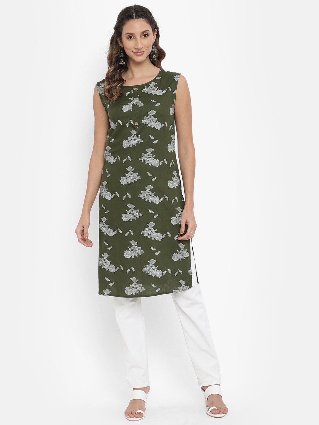 

V2 Value & Variety Olive Green & Grey Floral Printed Straight Kurtis