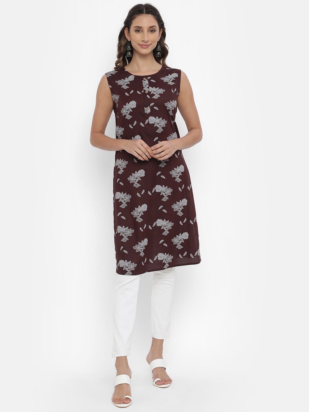 

V2 Value & Variety Brown Floral Printed Straight Kurti