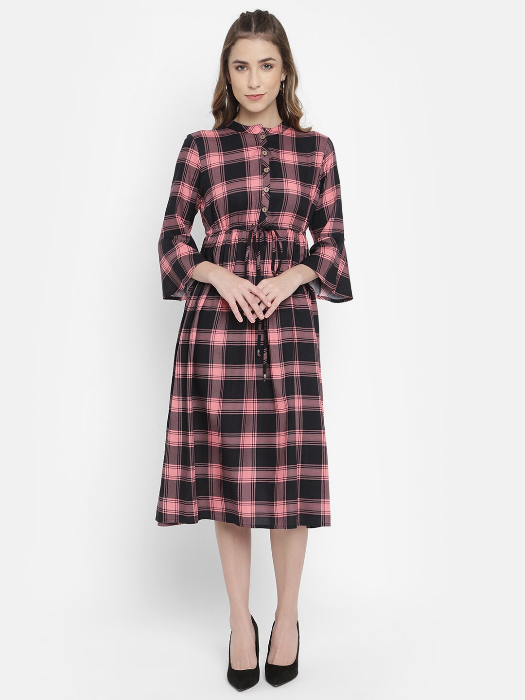 

V2 Value & Variety Women Peach-Coloured Checked Fit & Flare Dress