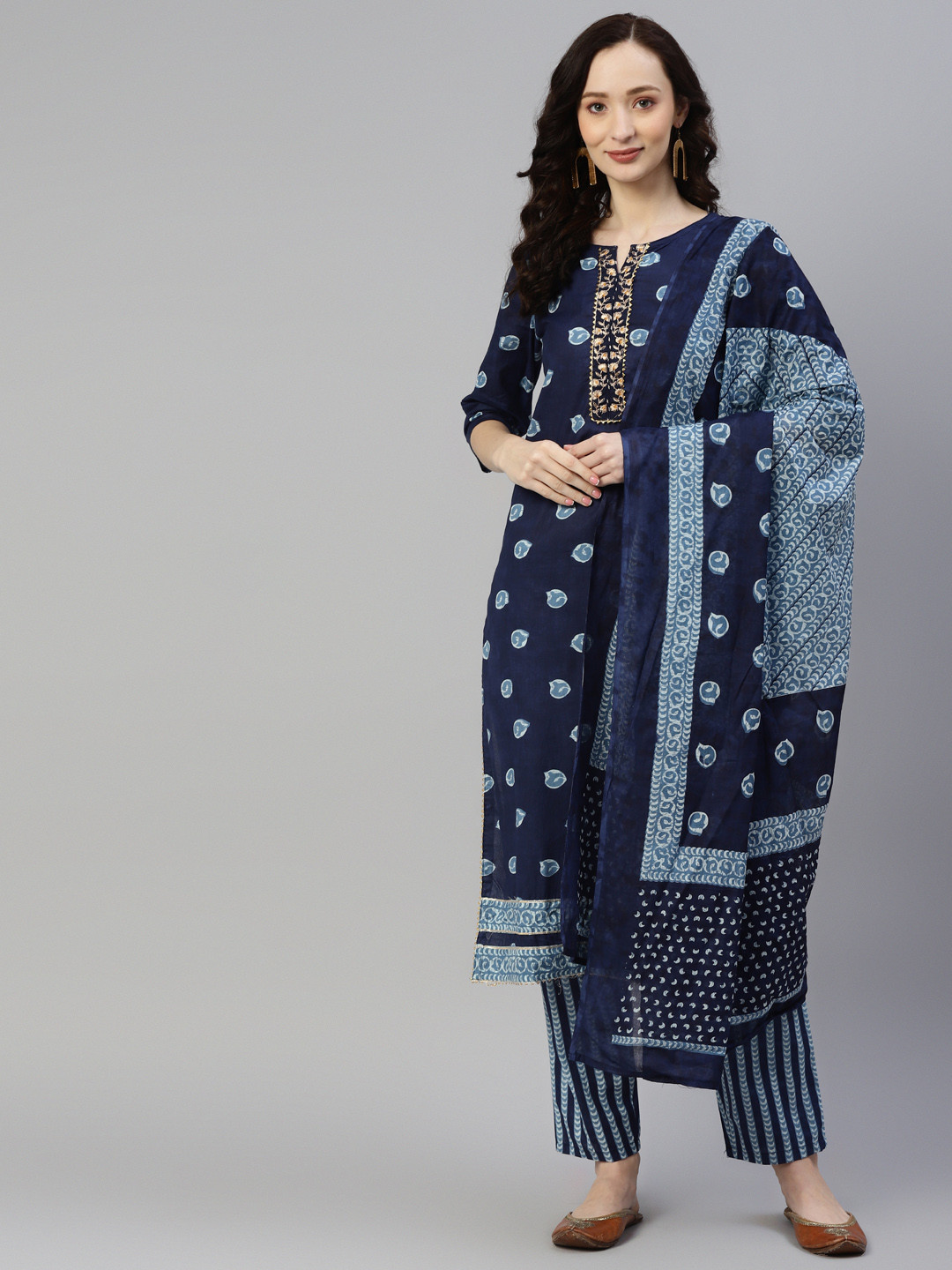 

Yuris Women Navy Blue Ethnic Motifs Printed Cotton Kurta with Trousers & With Dupatta