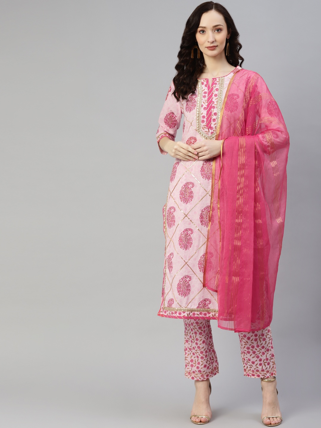 

Yuris Women Pink Paisley Printed Pure Cotton Kurta with Trousers & With Dupatta