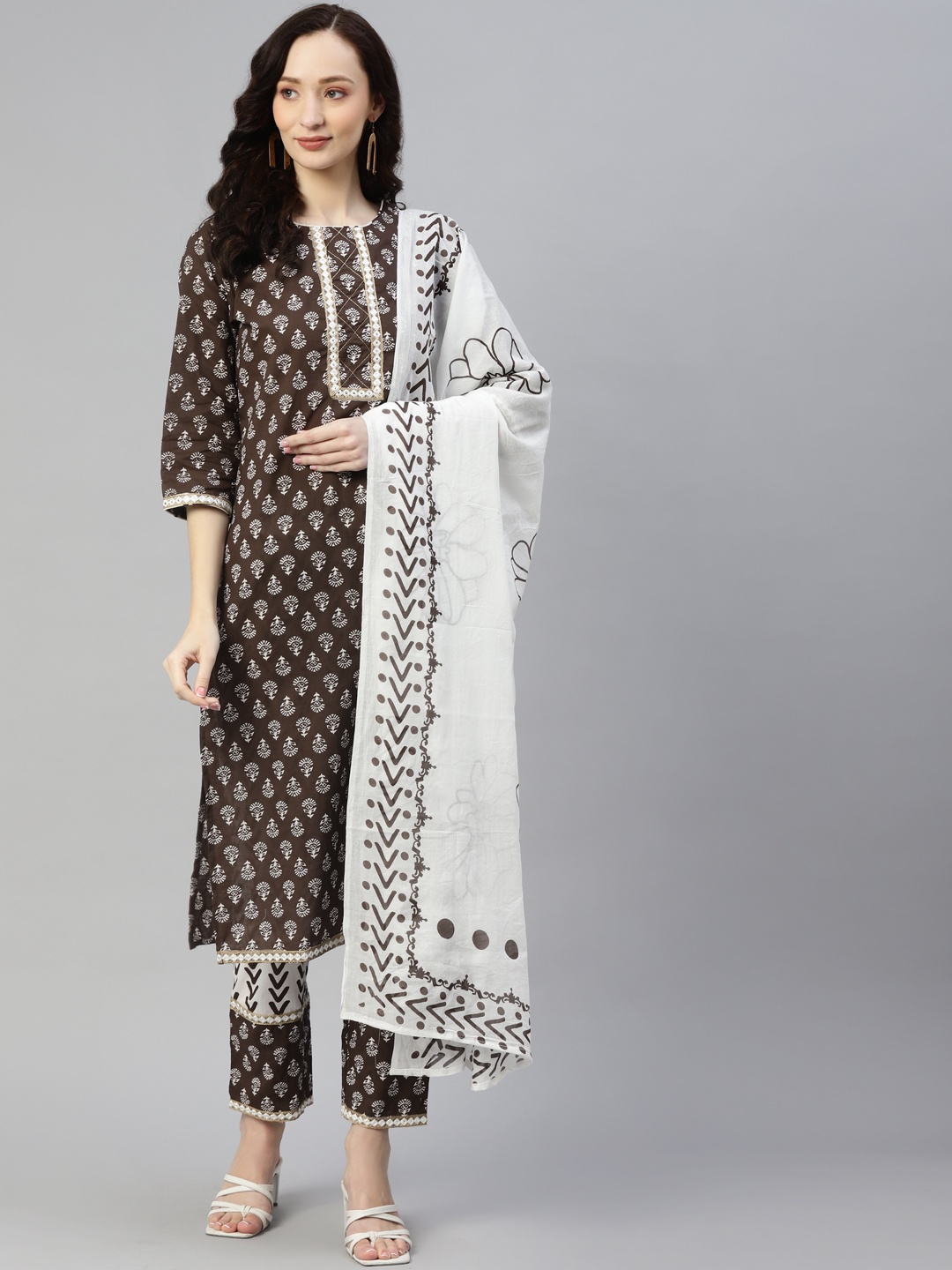 

Yuris Women Brown Ethnic Motifs Printed Pure Cotton Kurta with Trousers & With Dupatta