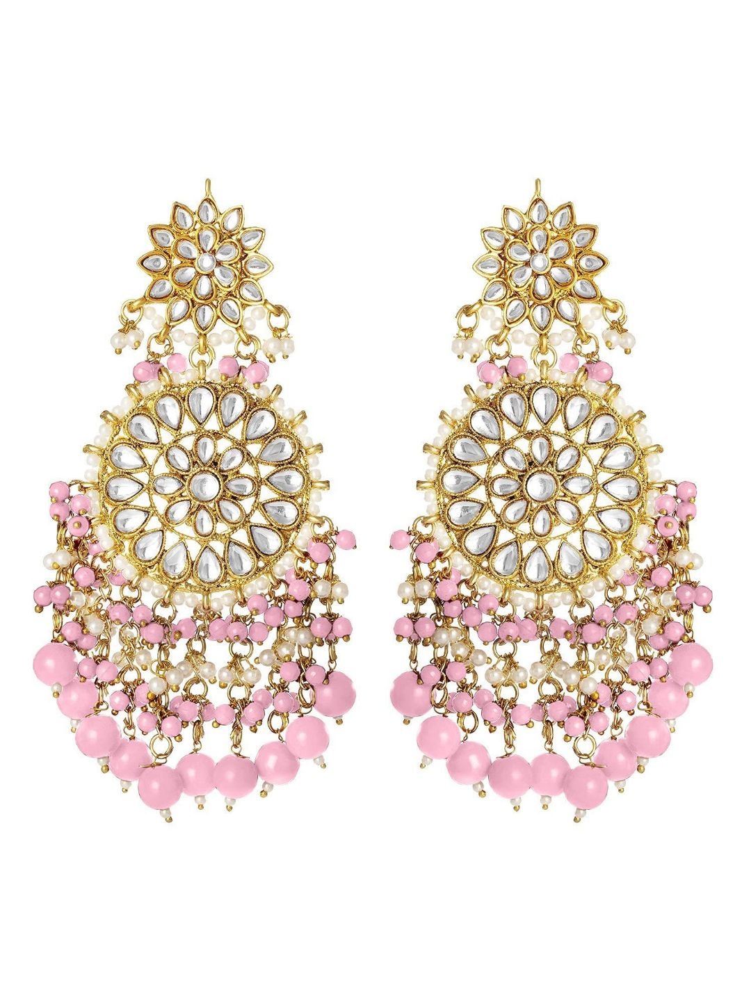 

I Jewels Gold-Plated & Pink Kundan-Studded Circular Drop Earrings