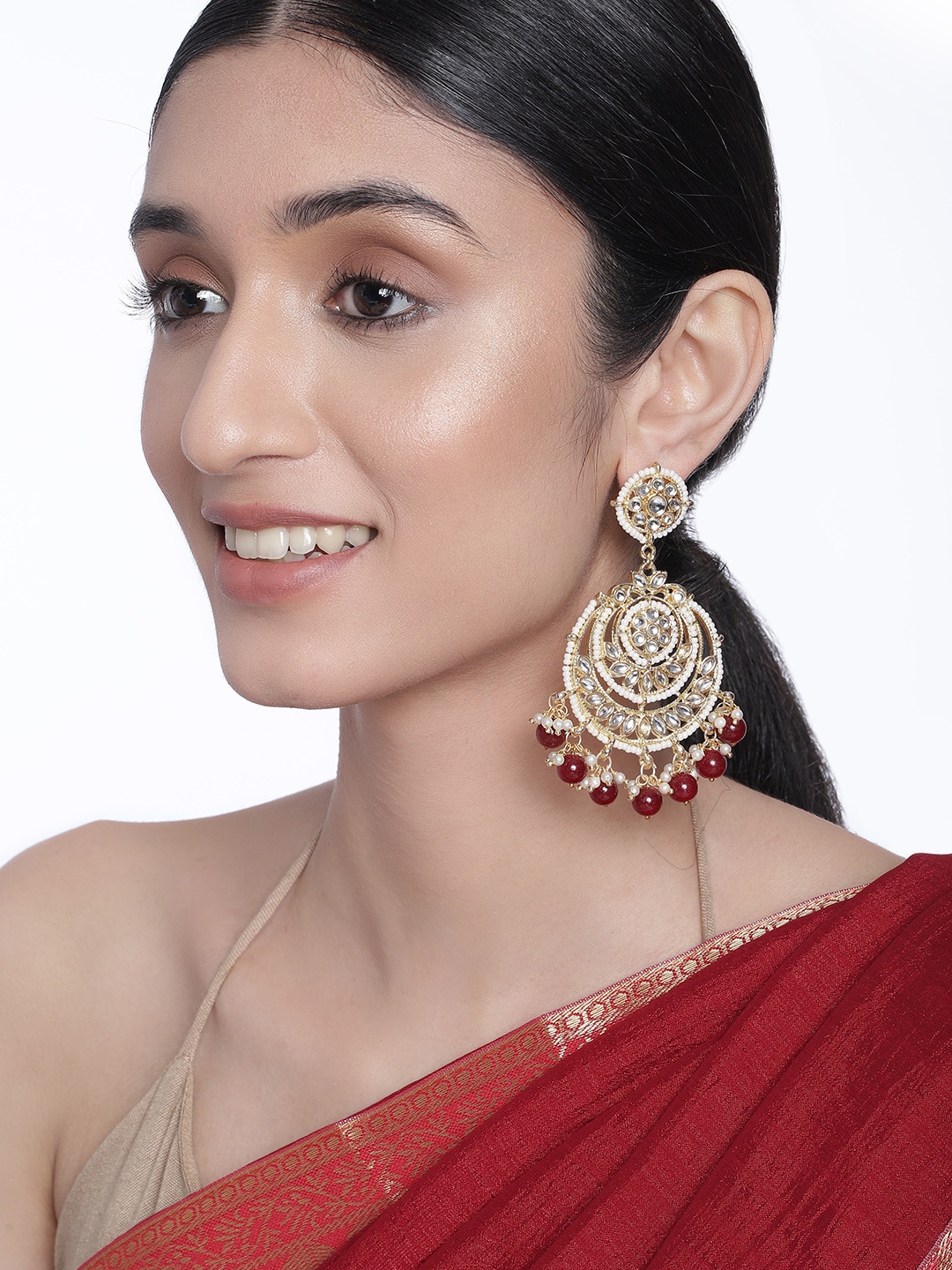 

I Jewels Maroon Gold-Plated Kundan-Studded Crescent Shaped Chandbalis Earrings