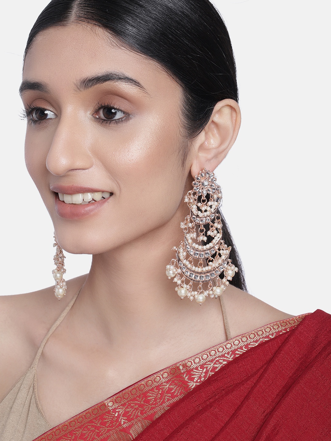 

I Jewels Rose Gold-Plated & Off-White Kundan-Studded Crescent Shaped Chandbalis Earrings