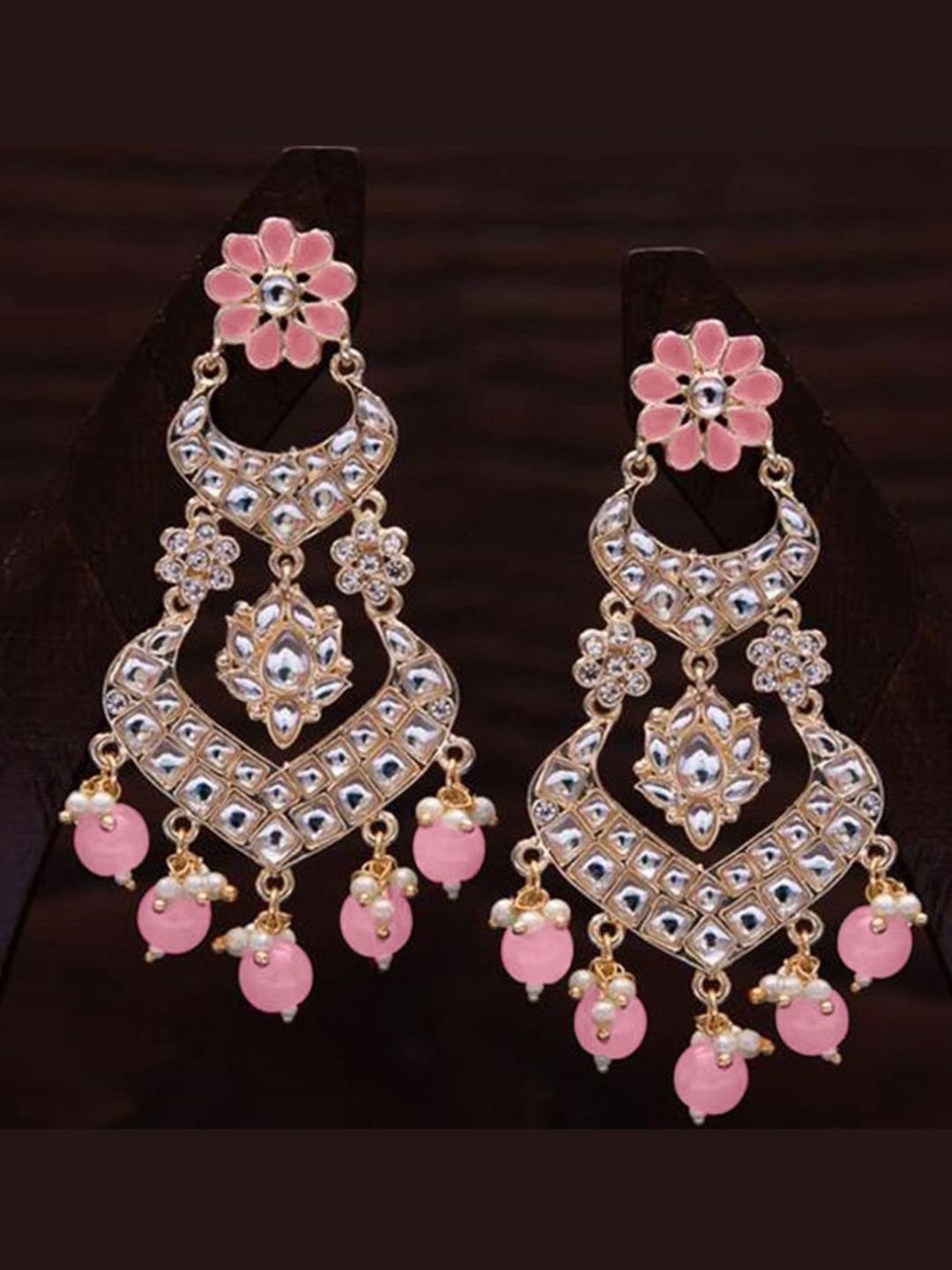 

I Jewels Gold-Plated & Pink Kundan-Studded Classic Drop Earrings