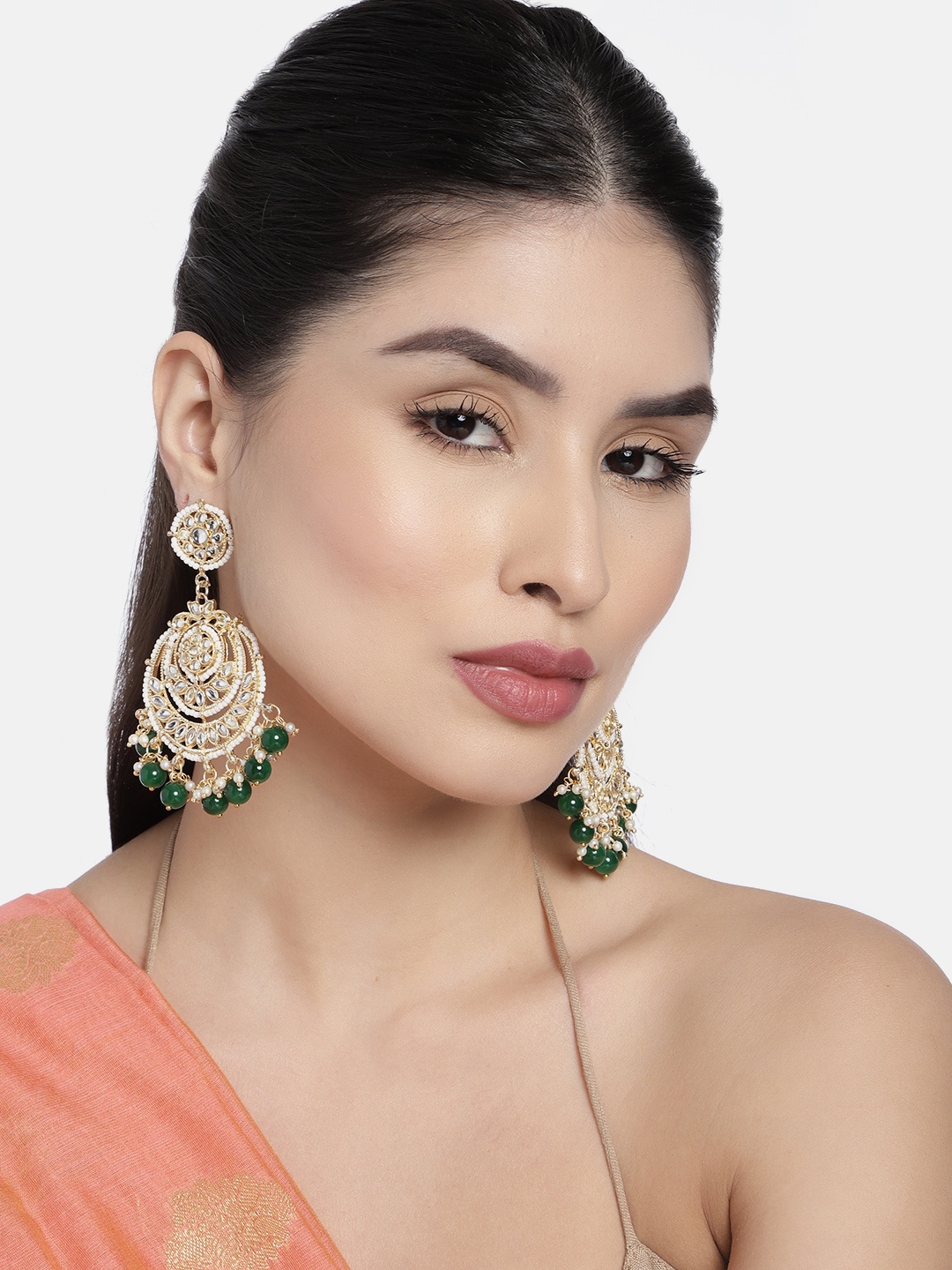 

I Jewels Green & Off White Gold-Plated Kundan-Studded Crescent Shaped Chandbalis Earrings