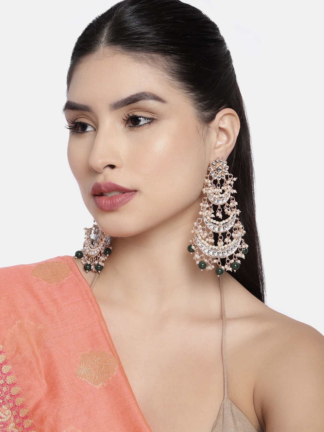 

I Jewels Gold-Plated & Green Kundan-Studded Crescent Shaped Drop Earrings