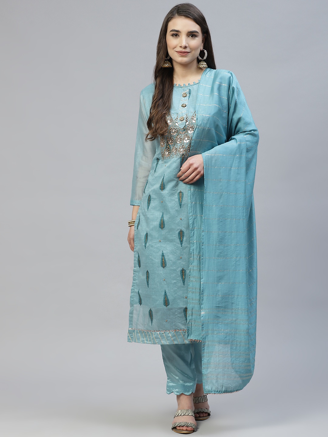 

RAJGRANTH Blue Embellished Unstitched Dress Material