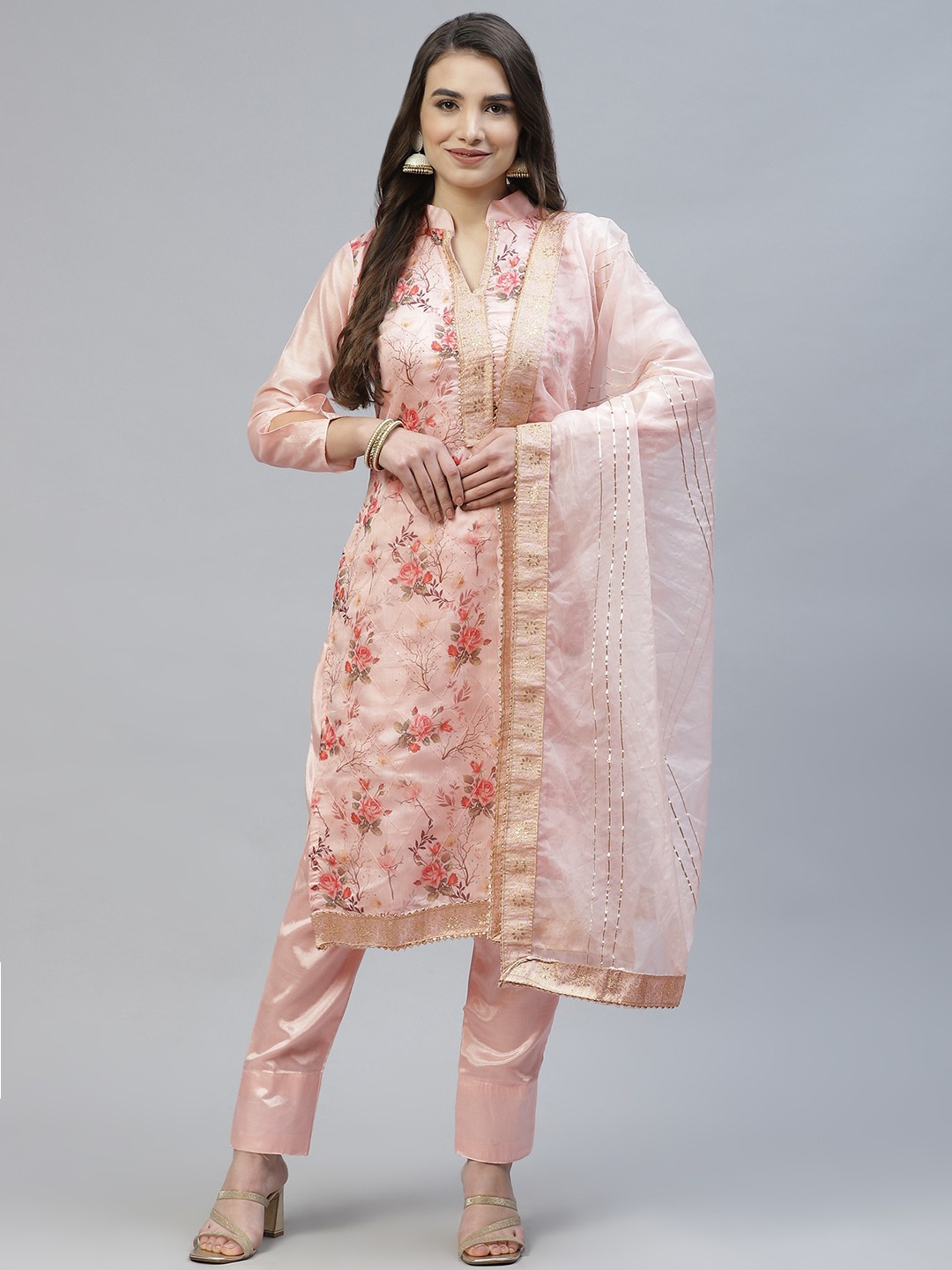

RAJGRANTH Pink Printed Chanderi Heavy Work Top With Organza Dupatta Dress Material