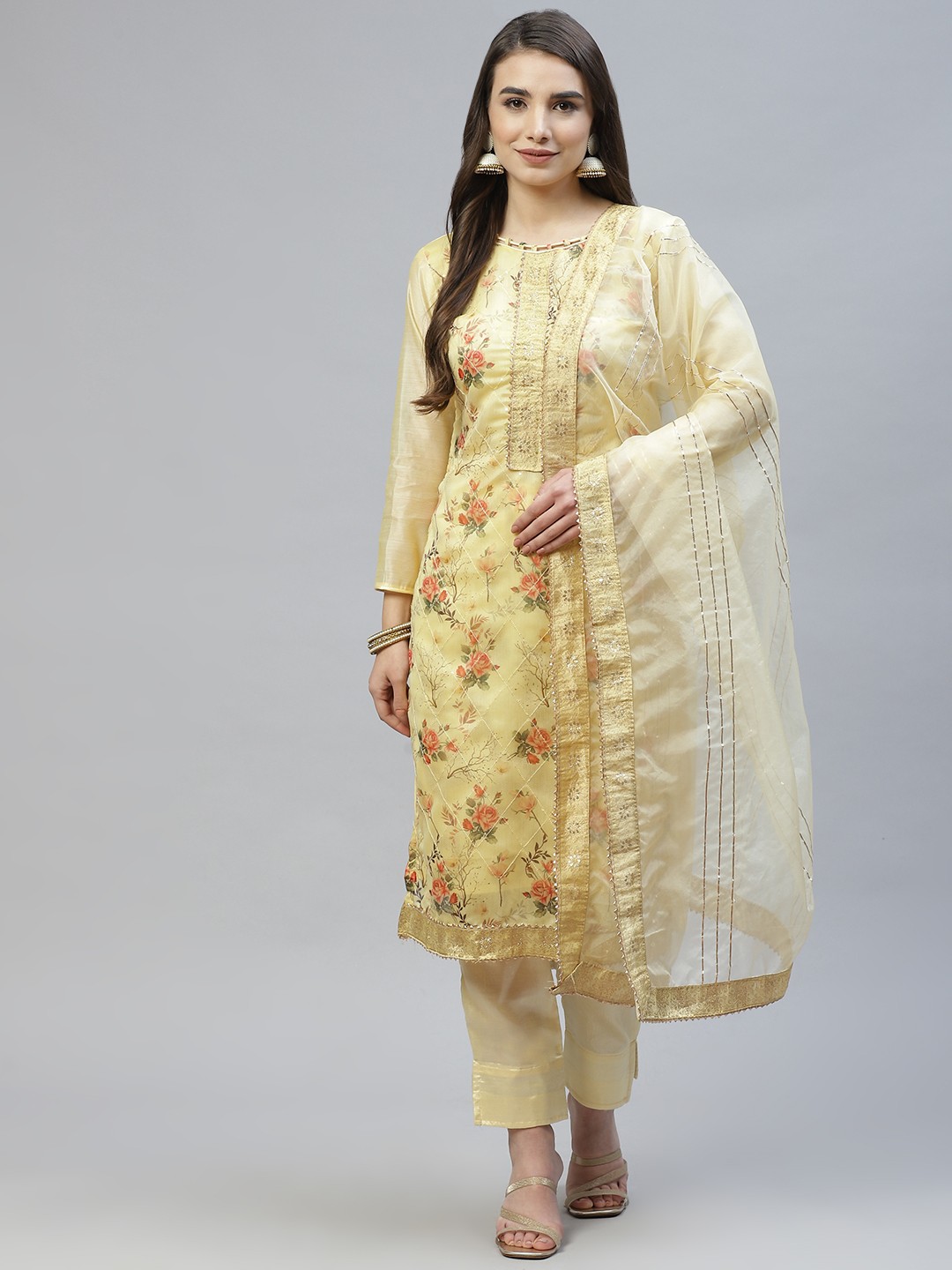 

RAJGRANTH Yellow Printed Chanderi Heavy Work Top With Organza Dupata Dress Material