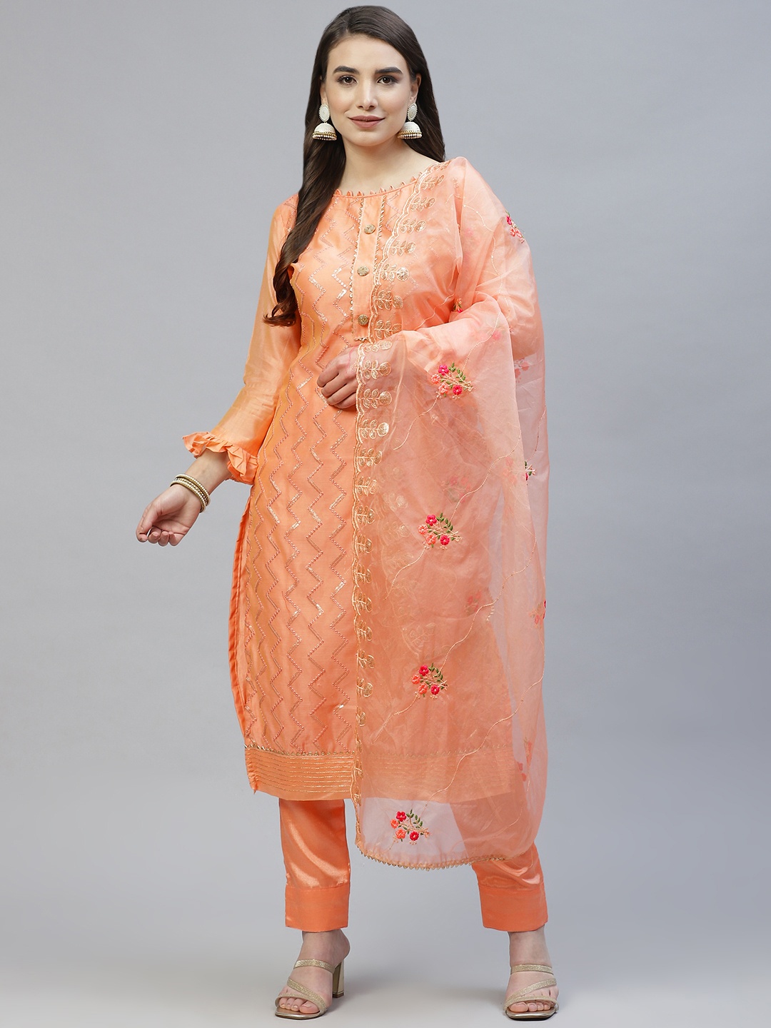

RAJGRANTH Orange Embroidered Chanderi Top With Organza Dupatta Dress Material