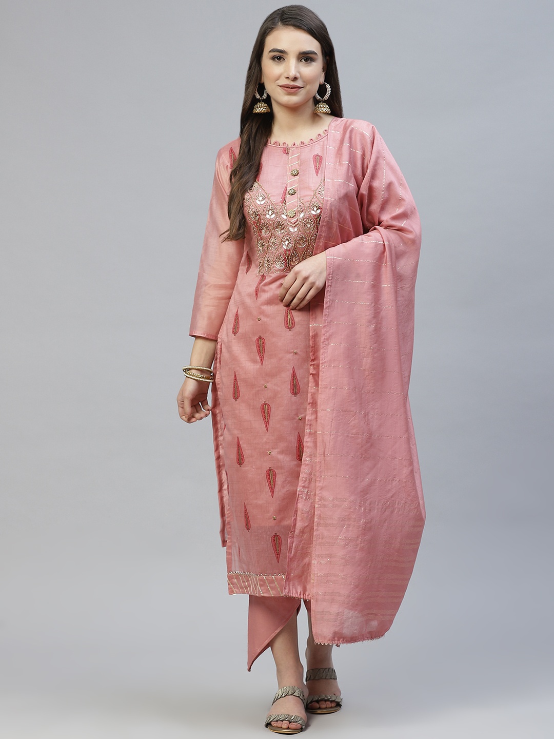 

RAJGRANTH Pink Printed Chanderi Heavy Work Top With Chanderi Dupatta Dress Material