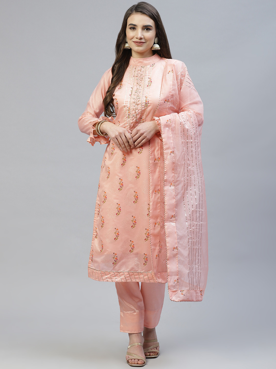 

RAJGRANTH Peach Printed Chanderi Heavy Work Top With Organza Dupatta Dress Material