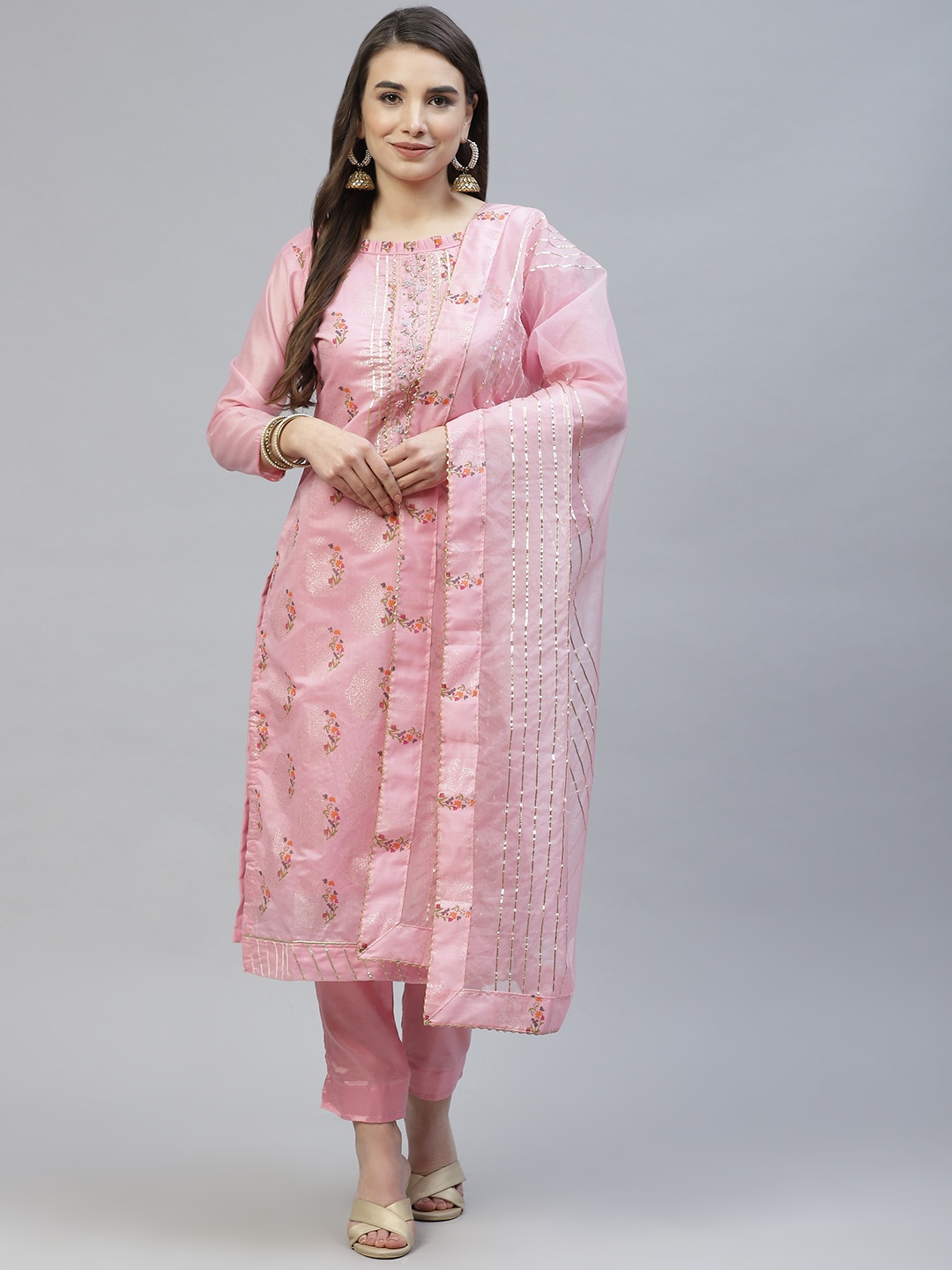 

RAJGRANTH Pink Printed Chanderi Heavy Work Top With Organza Dupatta Dress Material