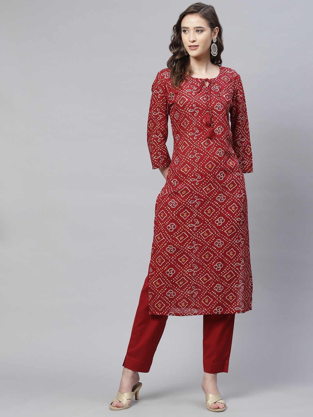 

PIROH Women Red Bandhani Printed Zardozi Chanderi Cotton Kurta with Trousers