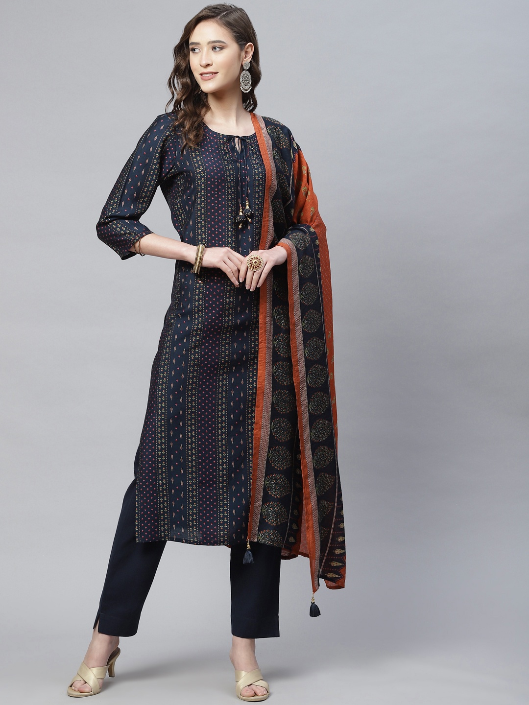 

PIROH Women Blue Printed Chanderi Cotton Kurta with Trousers & With Dupatta