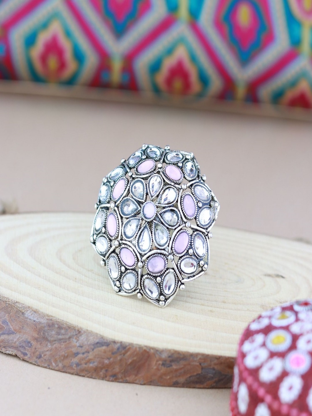 

I Jewels Pink & Silver-Toned Rhodium Plated Oxidised Kundan Handcrafted Finger Ring