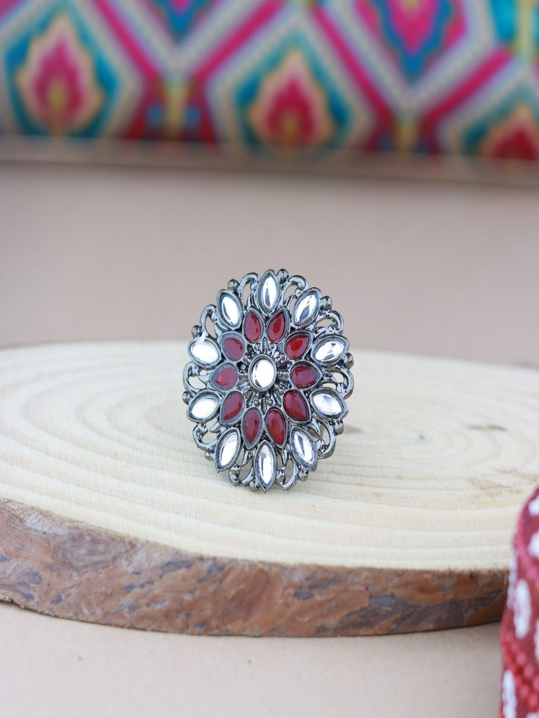 

I Jewels Maroon & Silver-Toned Oxidised Rhodium Plated Kundan Handcrafted Finger Ring