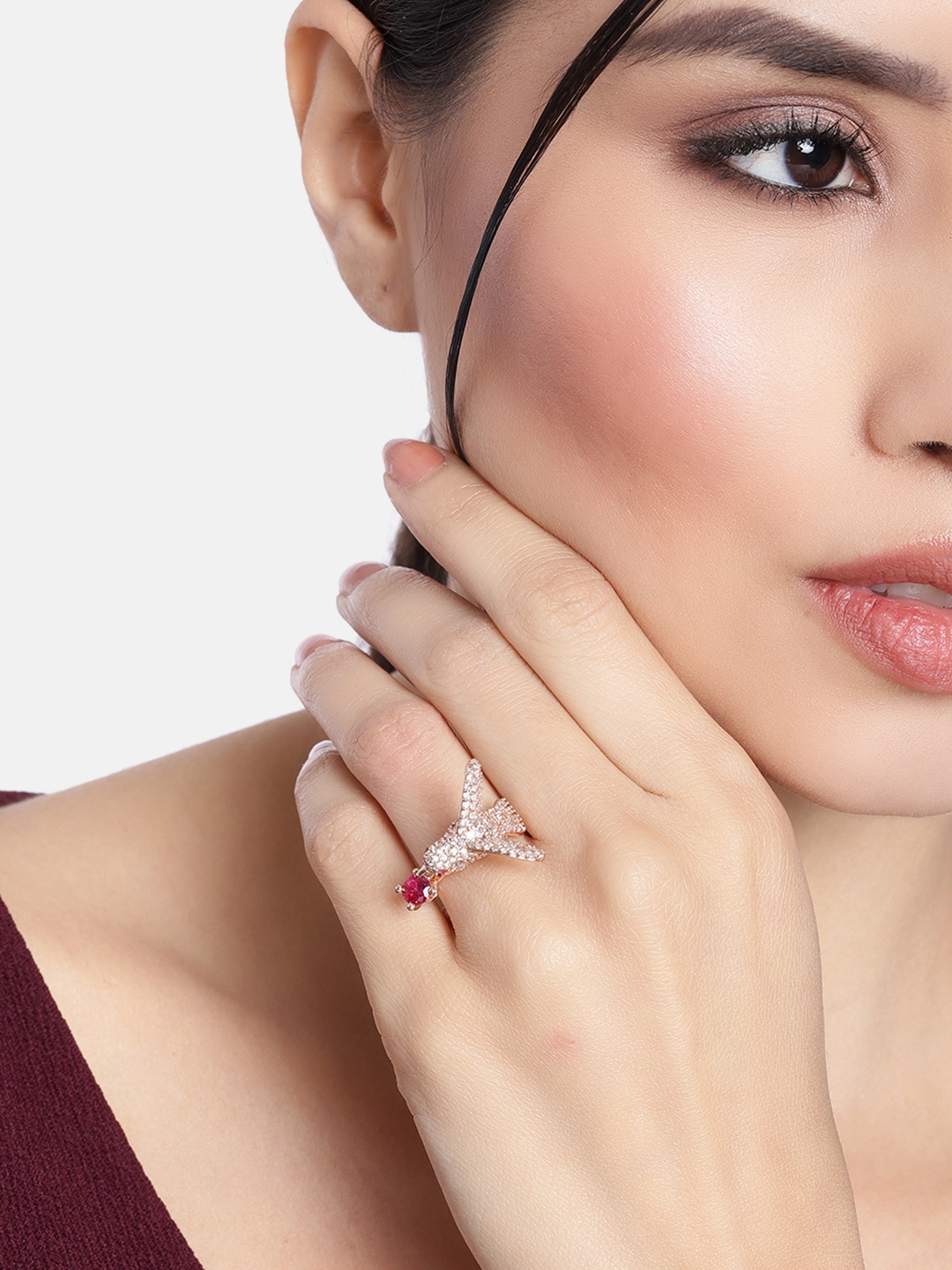 

I Jewels Rose Gold Plated Bird Design CZ American Diamond Adjustable Finger Ring