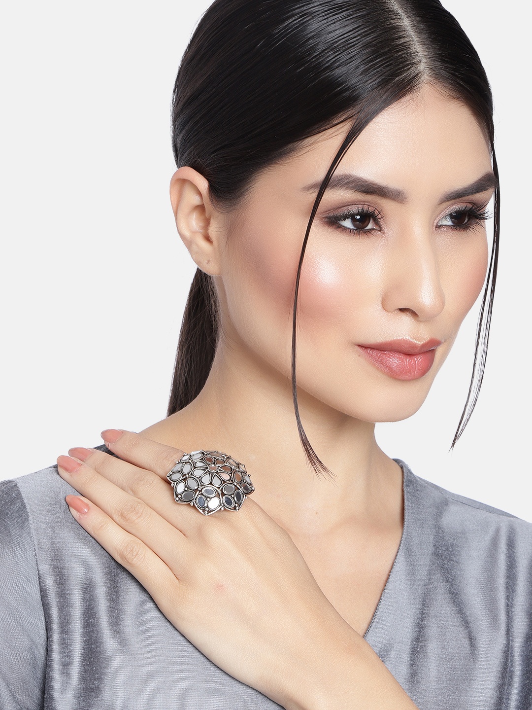 I Jewels Silver-Toned Rhodium-Plated Oxidised Mirror Work Adjustable Finger Ring