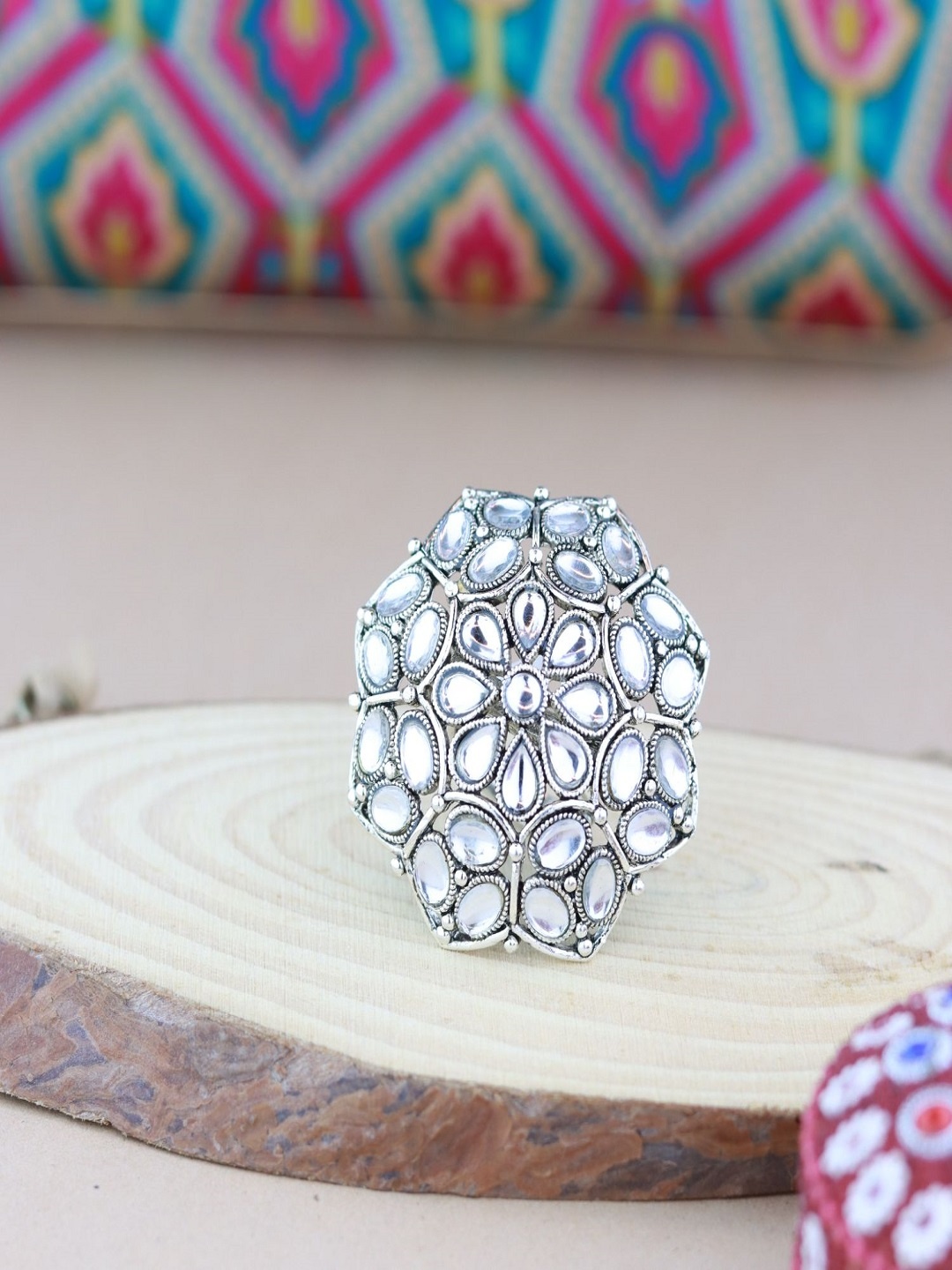 

I Jewels Silver-Toned Rhodium Plated Oxidised Mirror Work Finger Ring
