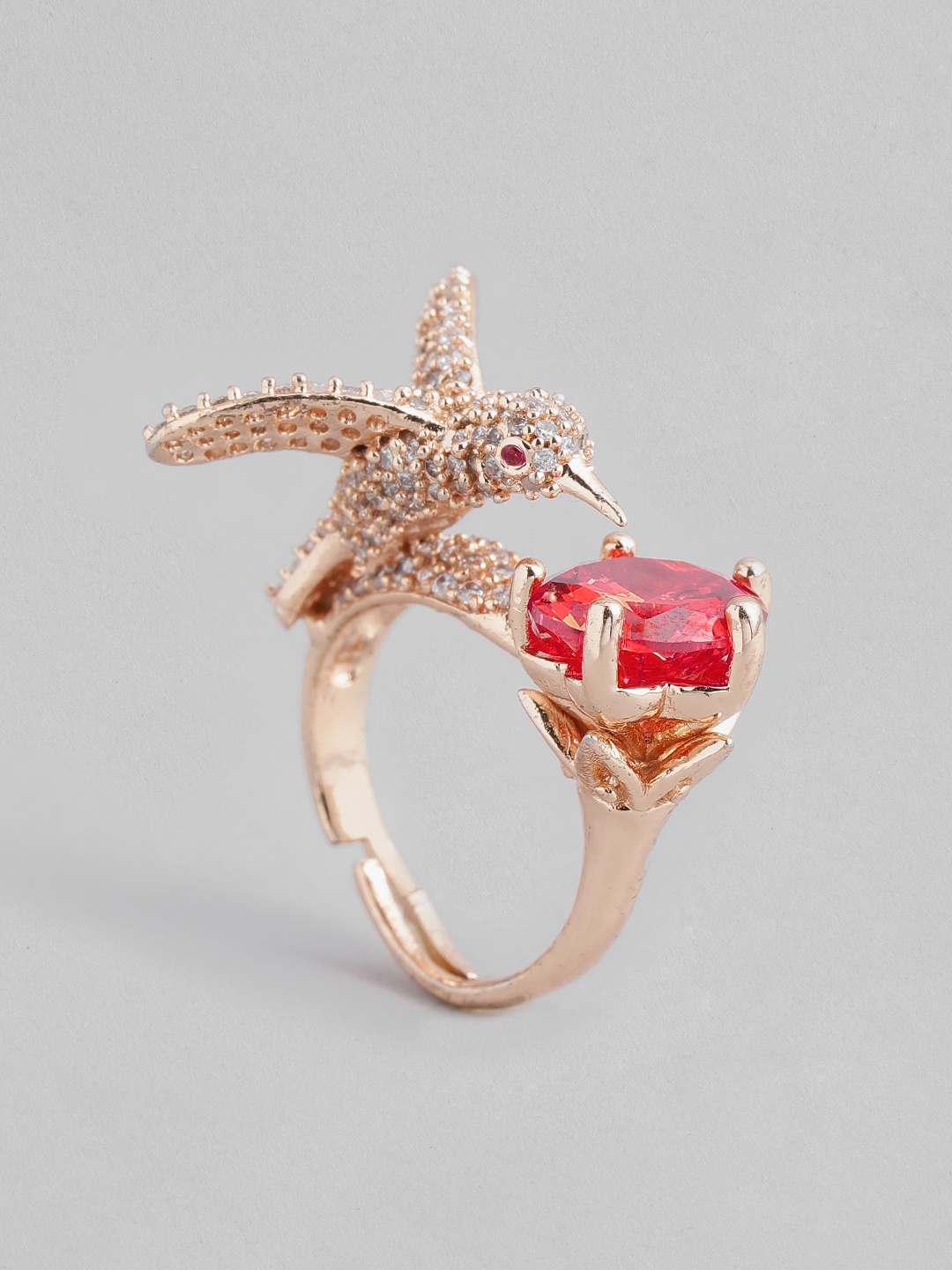 

I Jewels Red Rose Gold Plated Bird Design CZ American Diamond Adjustable Finger Ring