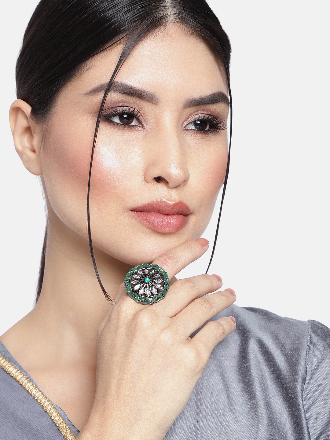 

I Jewels Green & Silver-Toned Oxidised Rhodium Plated Kundan Meenakari Finger Ring
