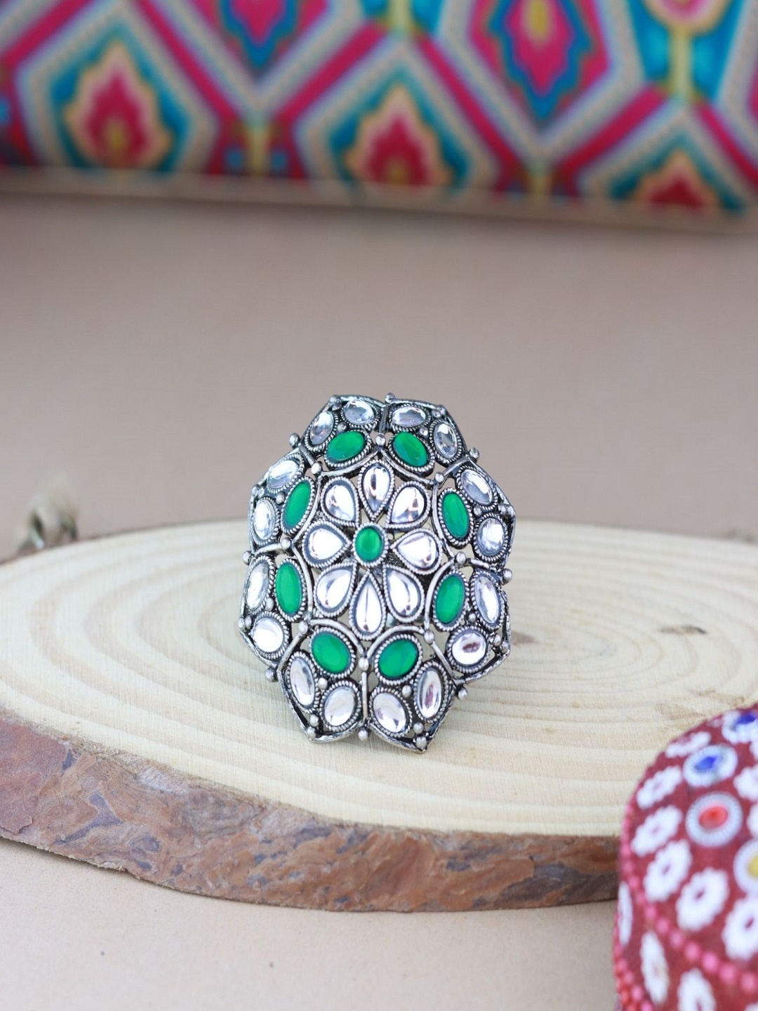 

I Jewels Green & Silver-Toned Rhodium Plated Kundan Handcrafted Finger Ring