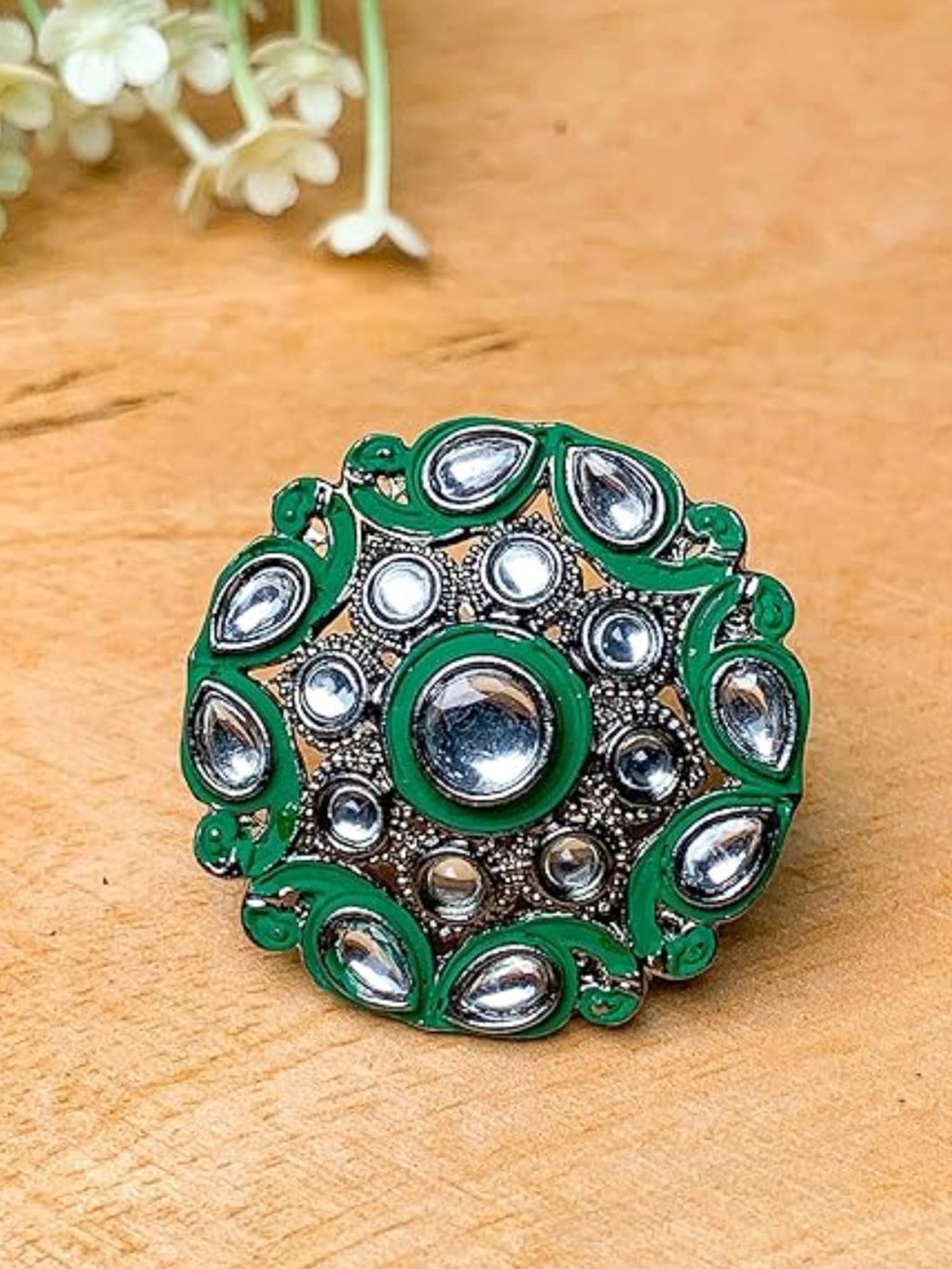 

I Jewels Green & Silver-Toned Rhodium Plated Oxidised Kundan Handcrafted Finger Ring