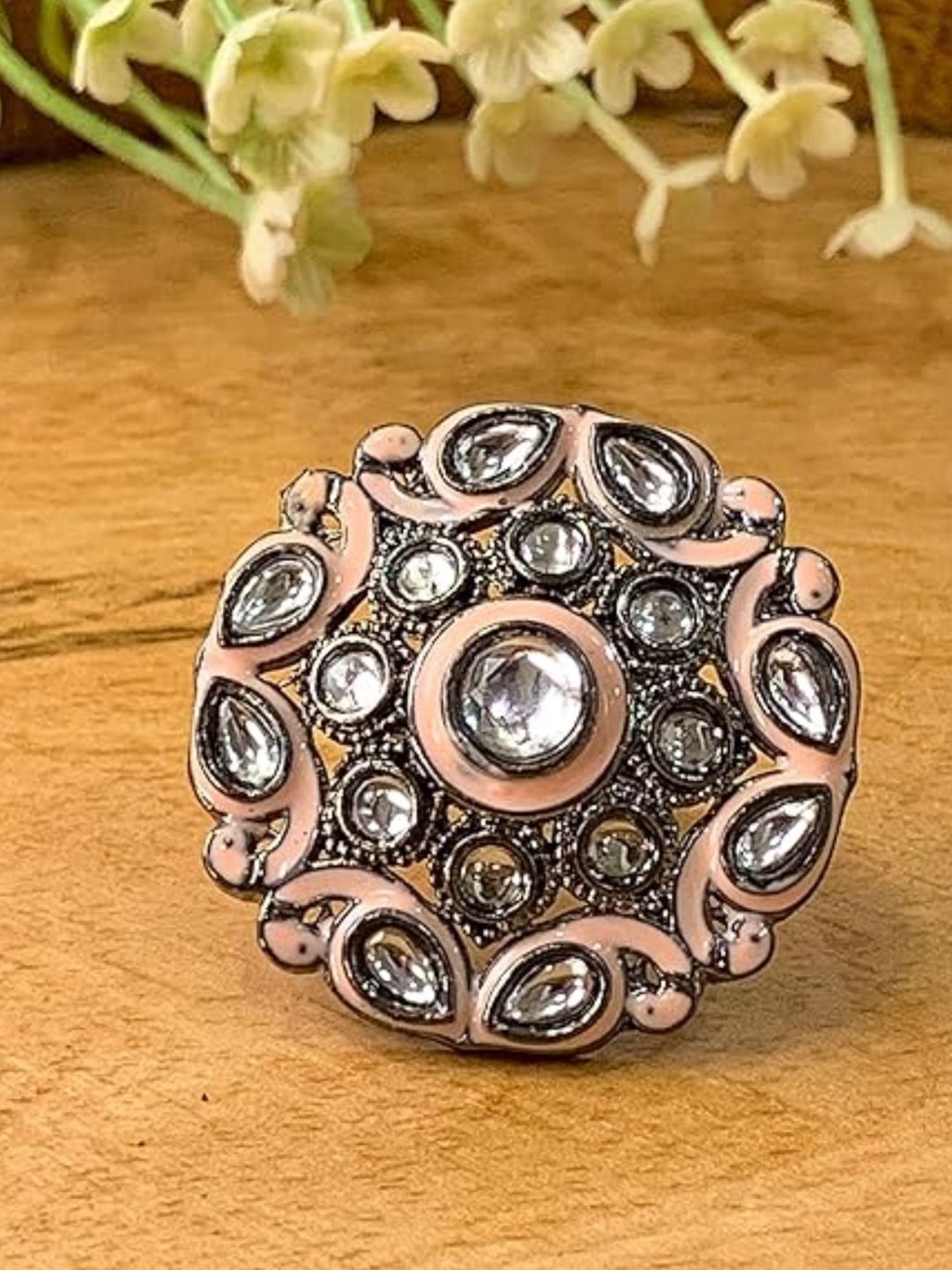 

I Jewels Nude Pink & Silver-Toned Rhodium Plated Oxidised Kundan Handcrafted Finger Ring