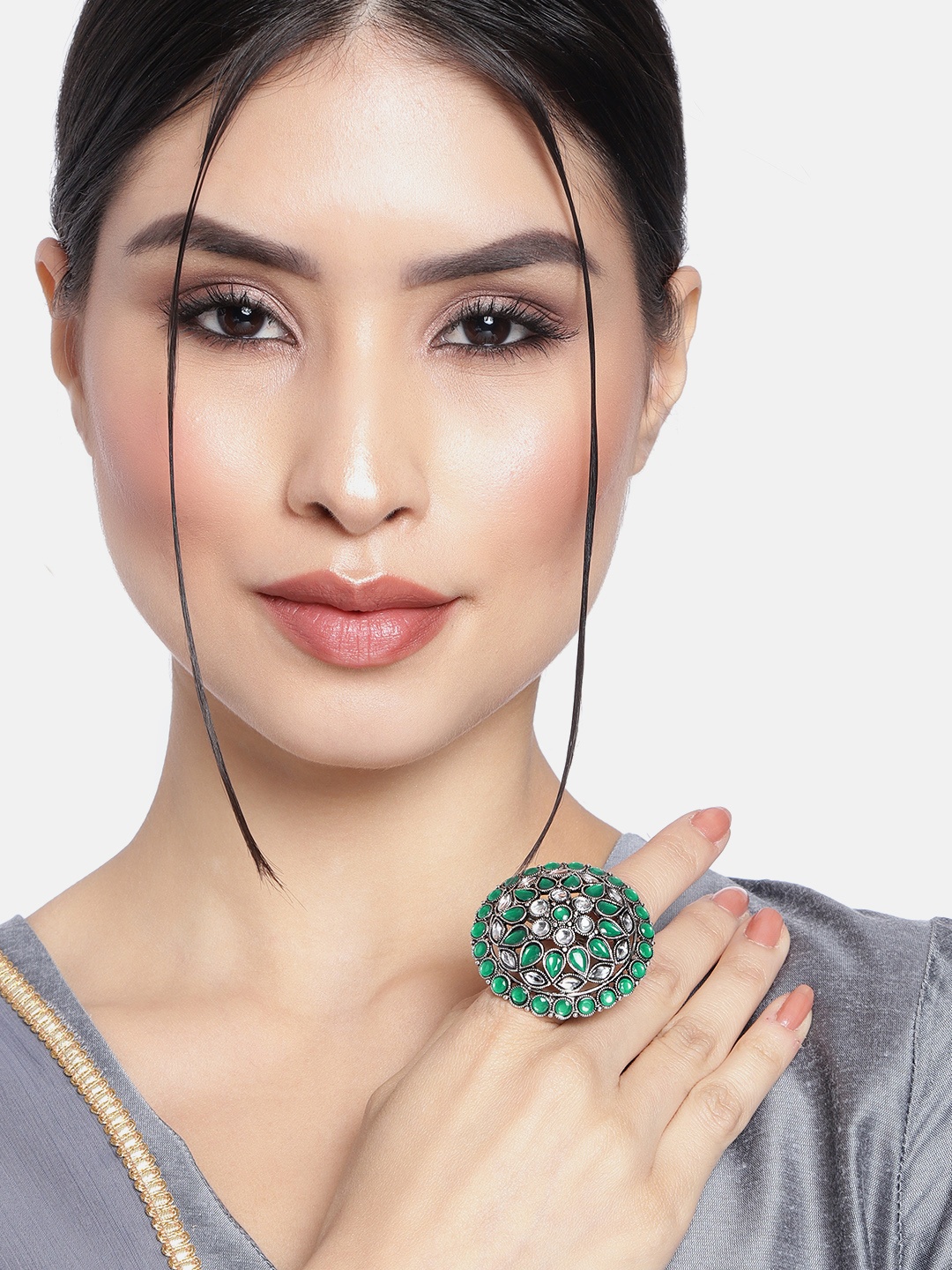 

I Jewels Green & Silver-Toned Rhodium Plated Kundan Handcrafted Finger Ring
