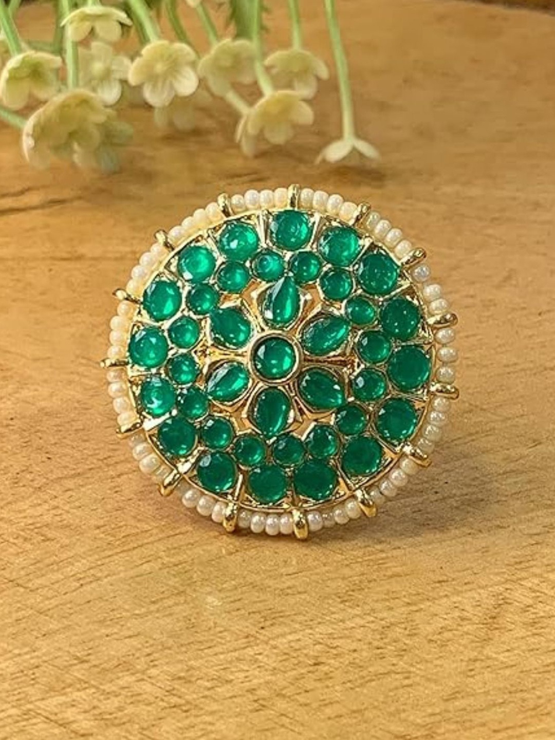 

I Jewels Green Gold-Plated Kundan Handcrafted Adjustable Finger Ring
