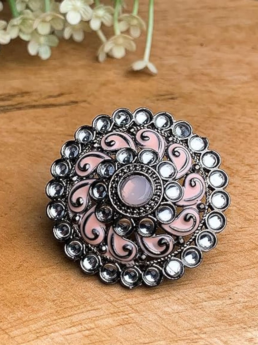 

I Jewels Nude Pink & Silver-Toned Oxidised Rhodium Plated Meenakari Kundan Finger Ring