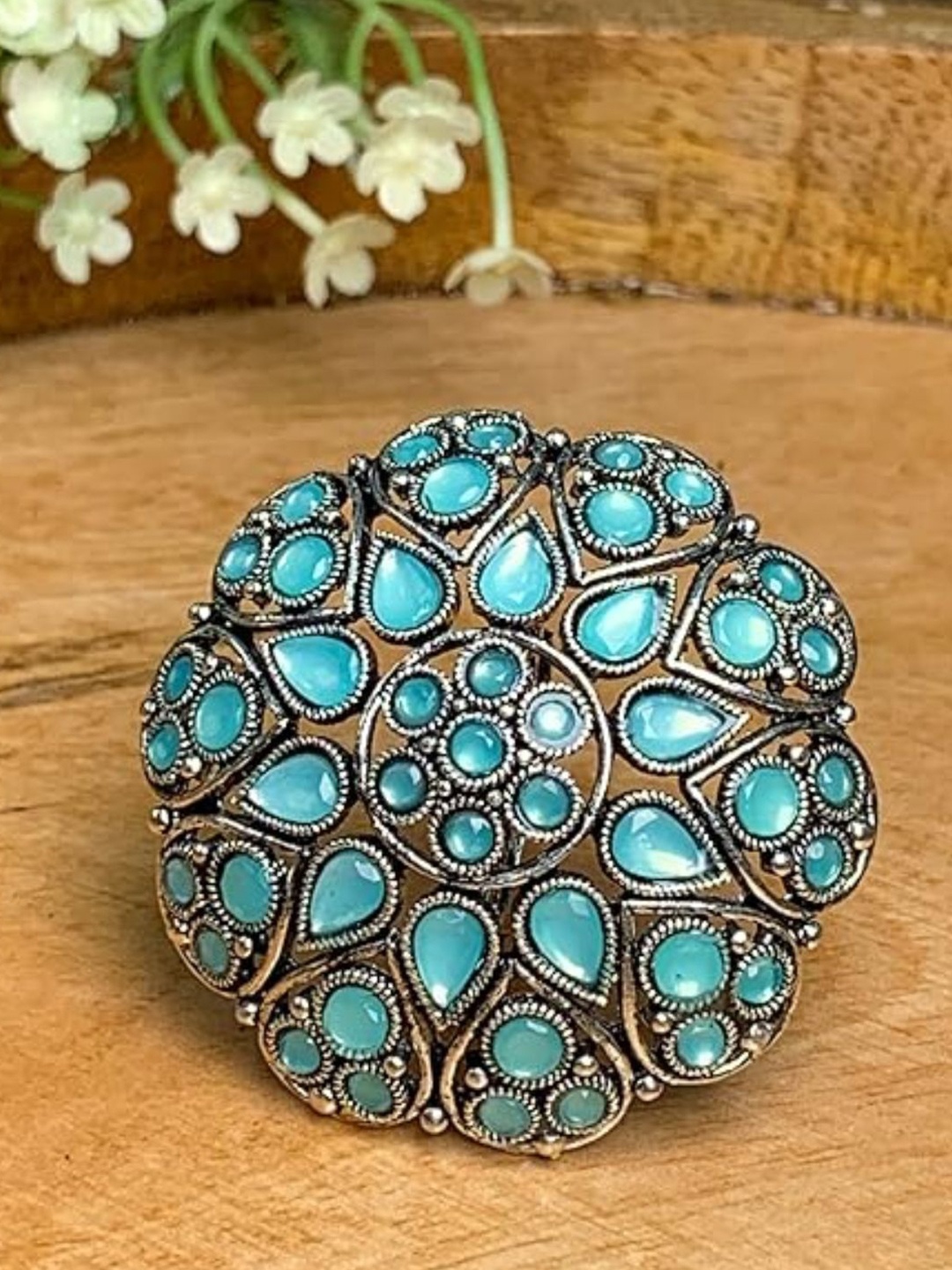 

I Jewels Turquoise Blue & Silver-Toned Rhodium Plated Kundan Handcrafted Finger Ring