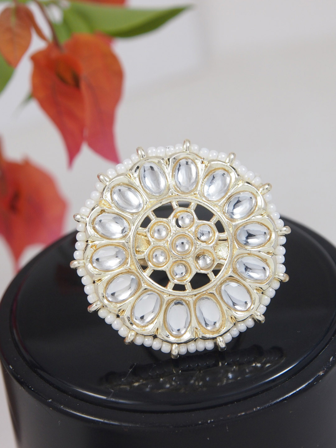 

I Jewels White Gold-Plated Kundan Handcrafted Adjustable Finger Ring