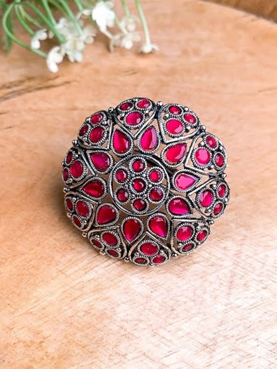 

I Jewels Magenta & Silver-Toned Rhodium Plated Kundan Handcrafted Finger Ring
