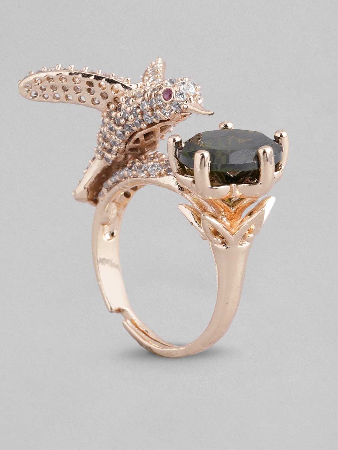 

I Jewels Green Rose Gold Plated Bird Design CZ American Diamond Adjustable Finger Ring