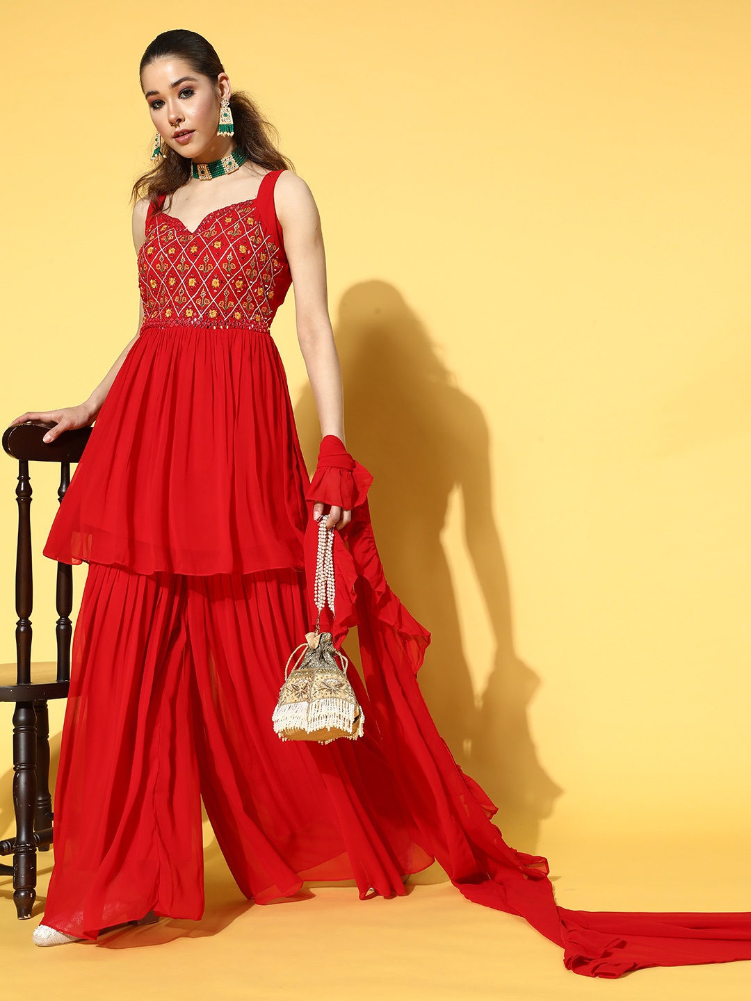 

ZOLA Floral Poly Georgette Short Kurti with Flared Pants, Red