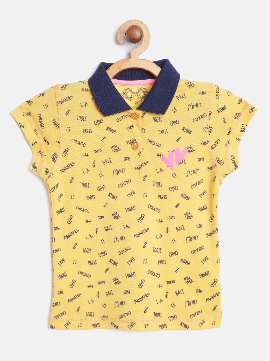 

FEMEA Girls Yellow & Navy Blue Polo Collar T-shirt