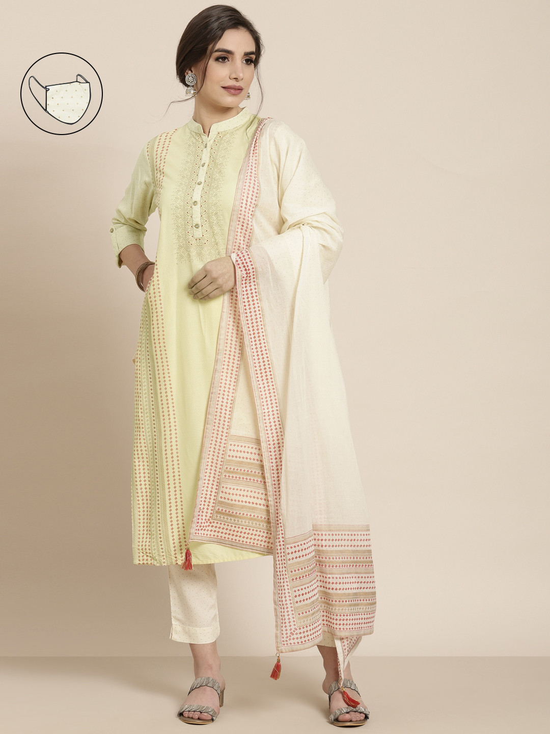 

Juniper Women Off-White Geometric & Polka Dots Foil Printed Kurta with Trousers & Dupatta