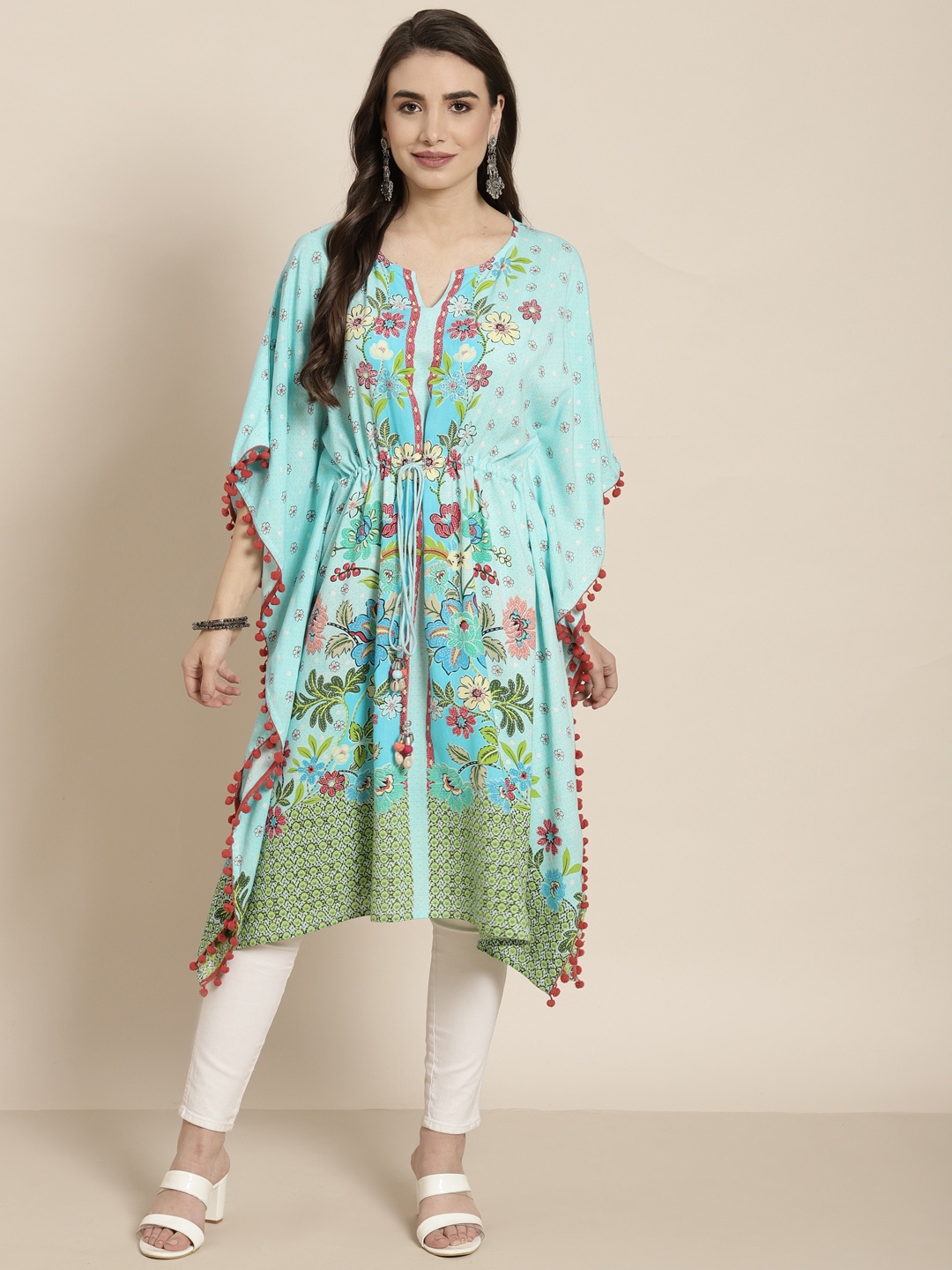 

Juniper Women Sky Blue & Green Floral Printed Kimono Sleeves Viscose Rayon Kaftan Kurta