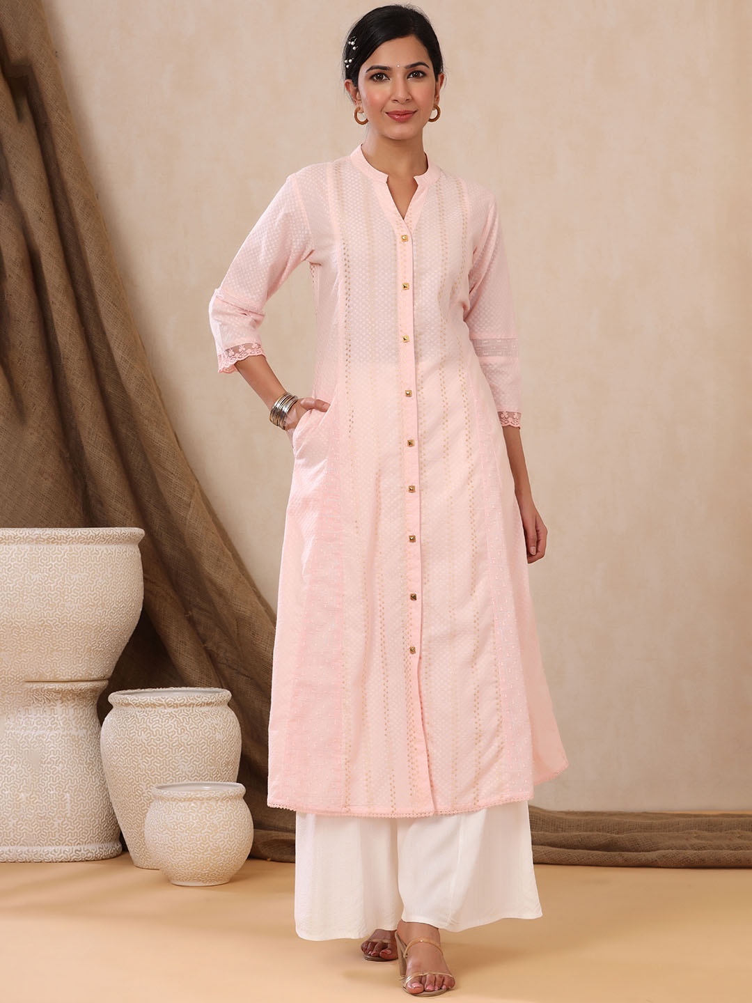 

Juniper Women Pink Abstract Embroidered Mandarin Collar Thread Work Cotton A-Line Kurta