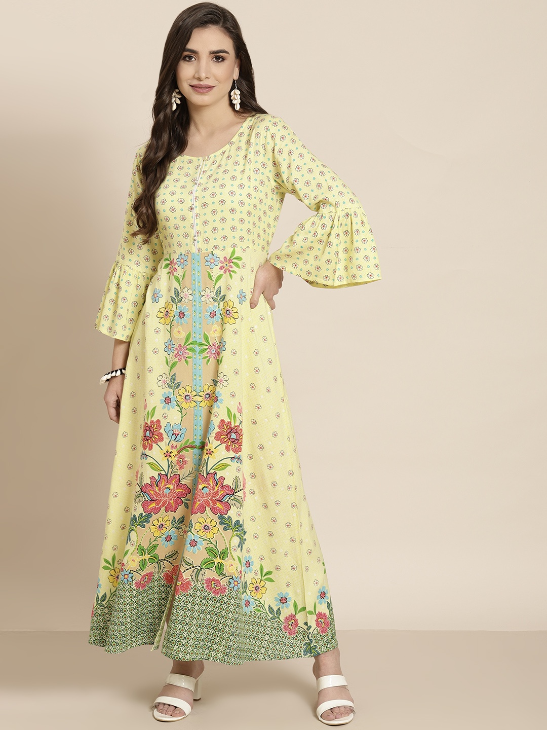 

Juniper Women Yellow Floral Printed A-Line Kurta