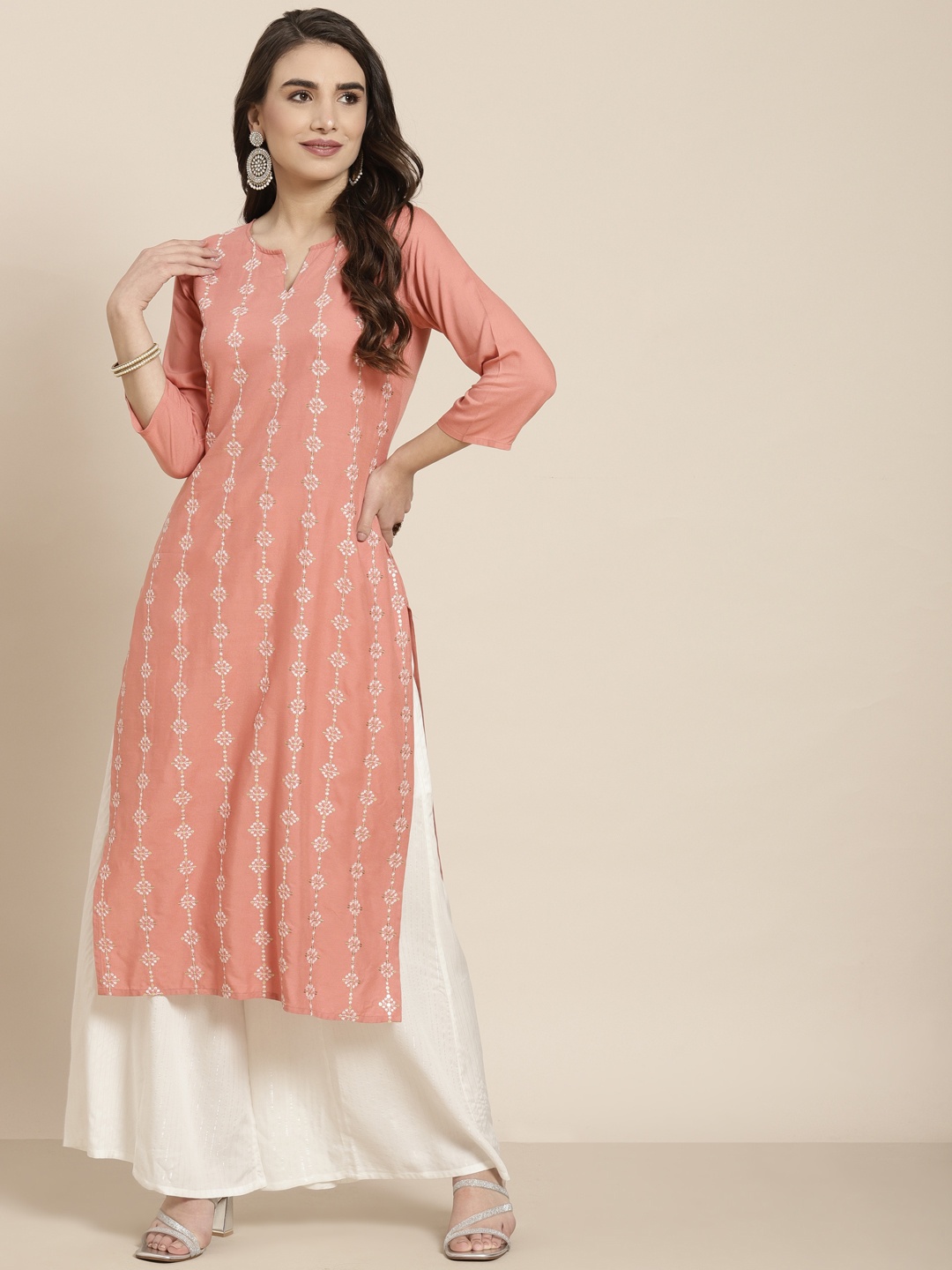 

Juniper Women Onion Pink & White Ethnic Motifs Embroidered Thread Work Straight Kurta