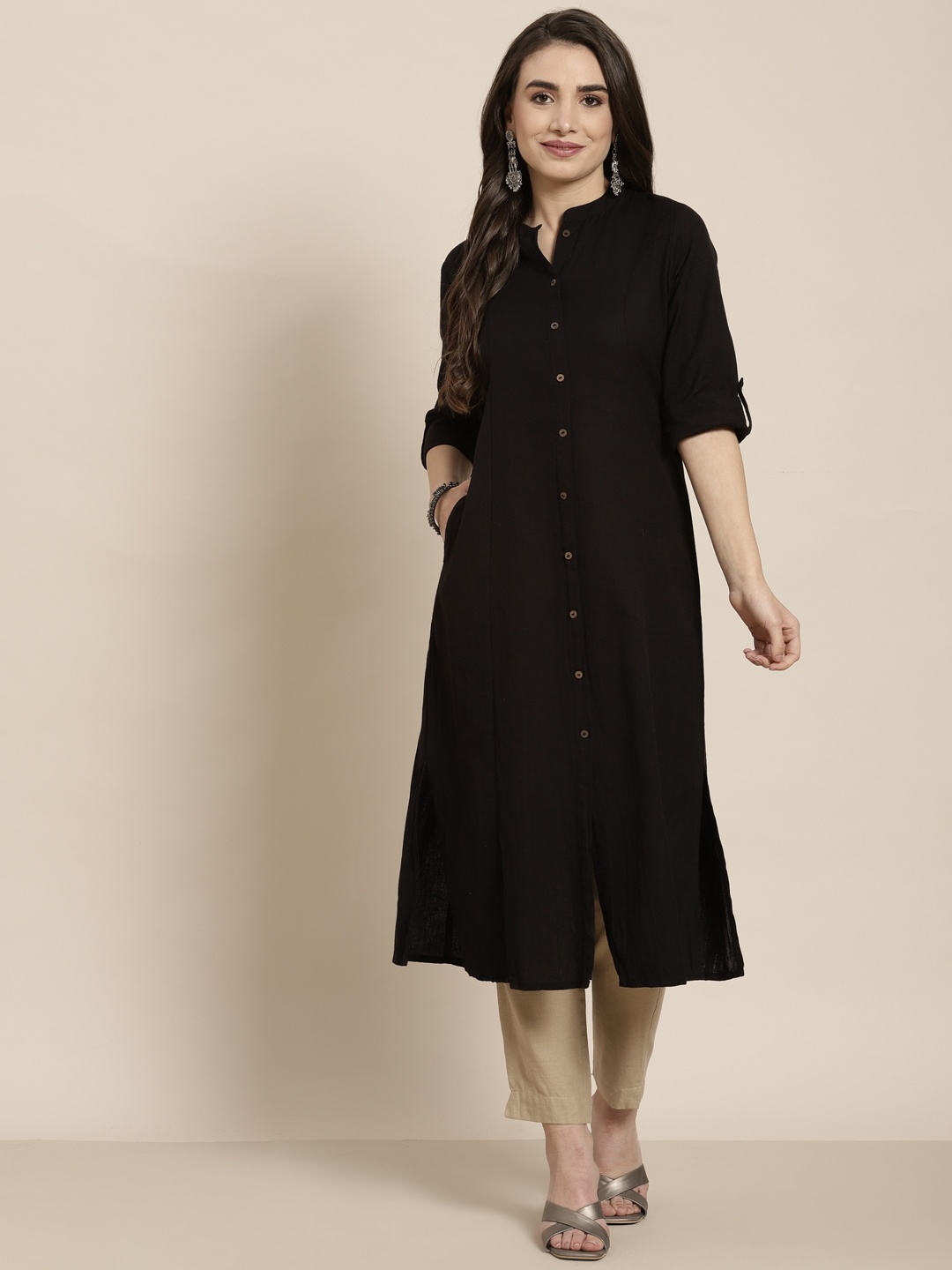 

Juniper Women Black Solid Mandarin Collar Roll-Up Sleeves Panelled A-Line Kurta