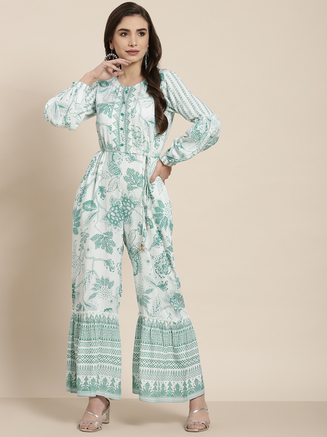 

Juniper Teal Green & White Printed Basic Jumpsuit