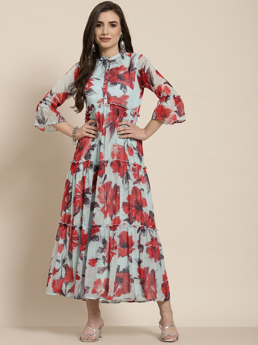 

Juniper Green & Red Floral Chiffon Tiered Maxi Dress