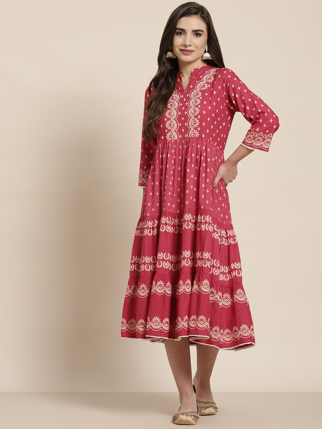 

Juniper Women Red Ethnic Motifs Tiered Midi Dress