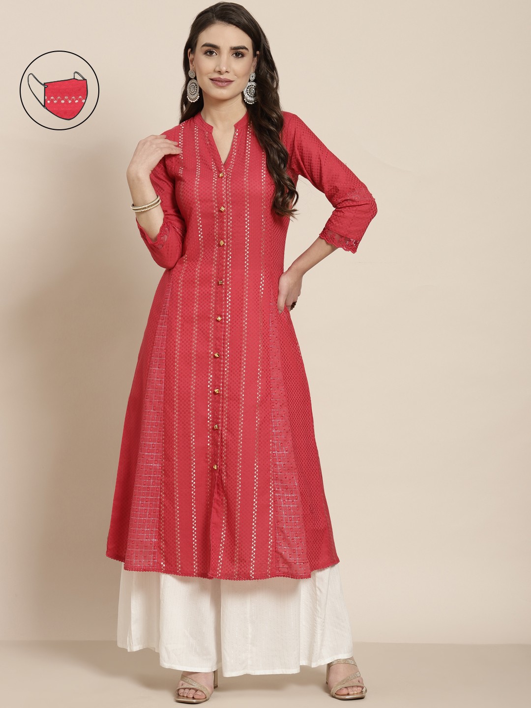 

Juniper Women Red Abstract Embroidered Mandarin Collar Thread Work Cotton A-Line Kurta